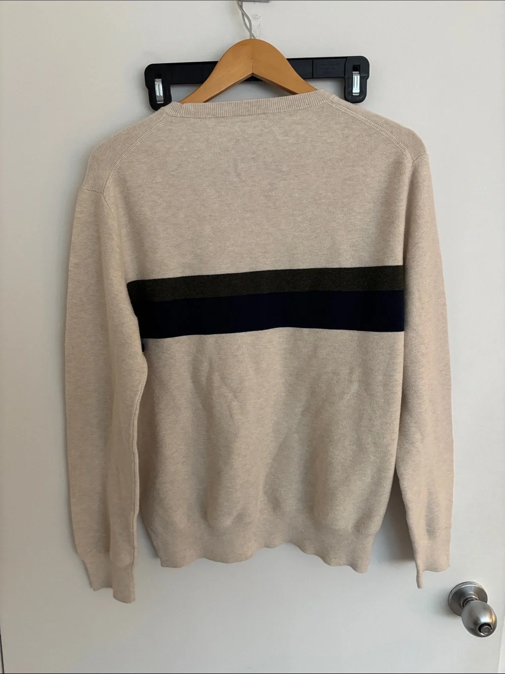 J. Crew Men's Cream Crewneck Sweater with Navy and Olive Stripes